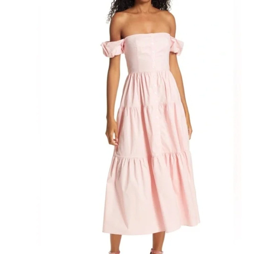 Staud Elio Pink Cotton Poplin Tiered Off Shoulder Midi Dress Sz 4‎ Sundress